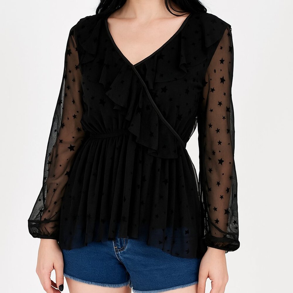 Harlowe & Graham Black Mesh Star Print V-Neck Top Women’s Small | Sheer Ruffle